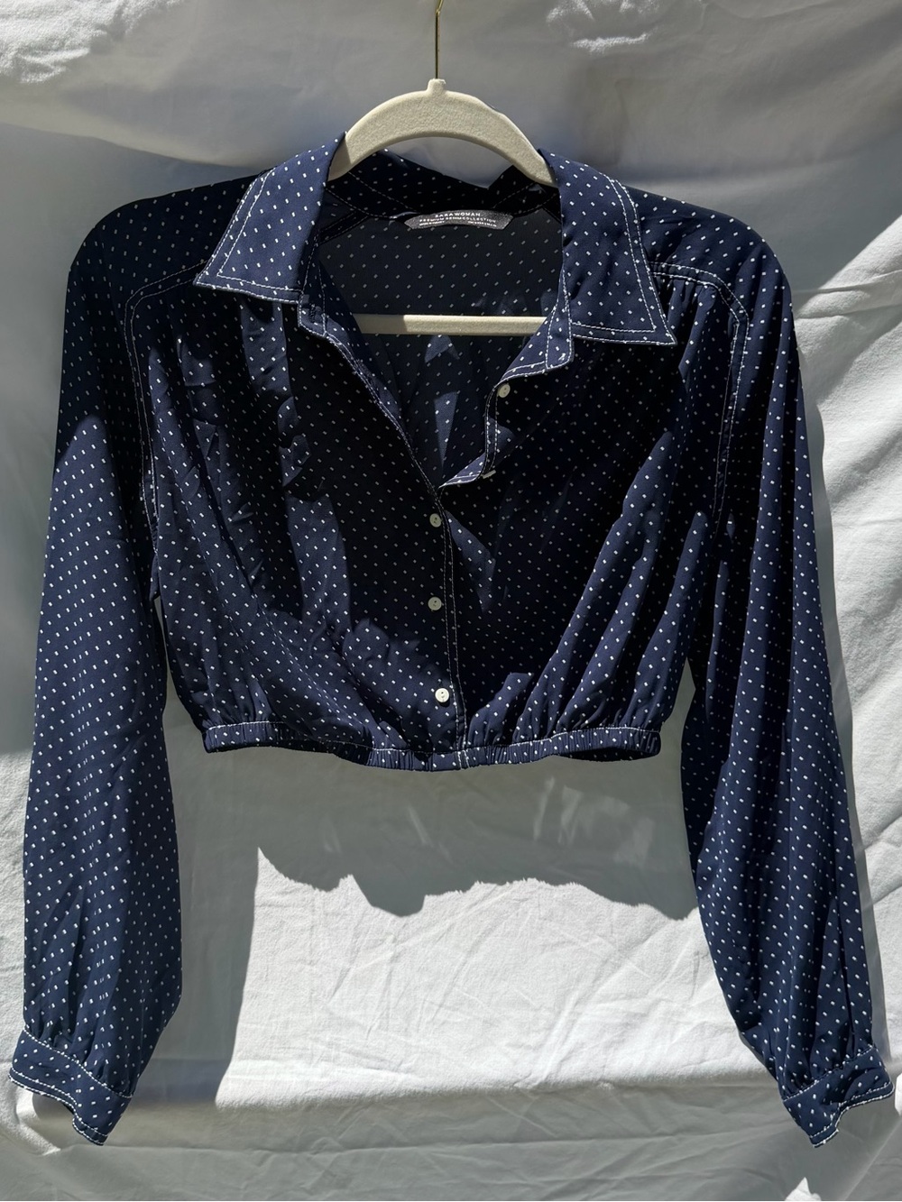Zara Navy Polka Dot Cropped Button-Down Shirt